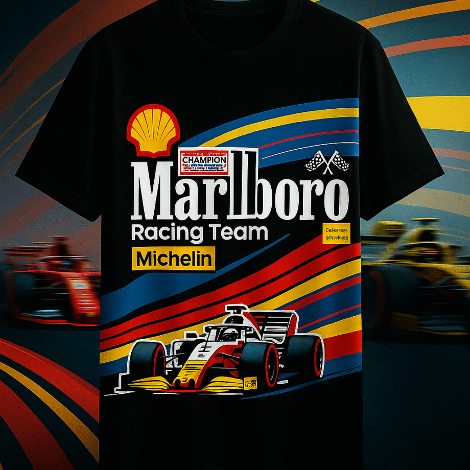 Retro Marlboro Racing Team F1 Black Graphic Tee – Vintage Motorsport Style